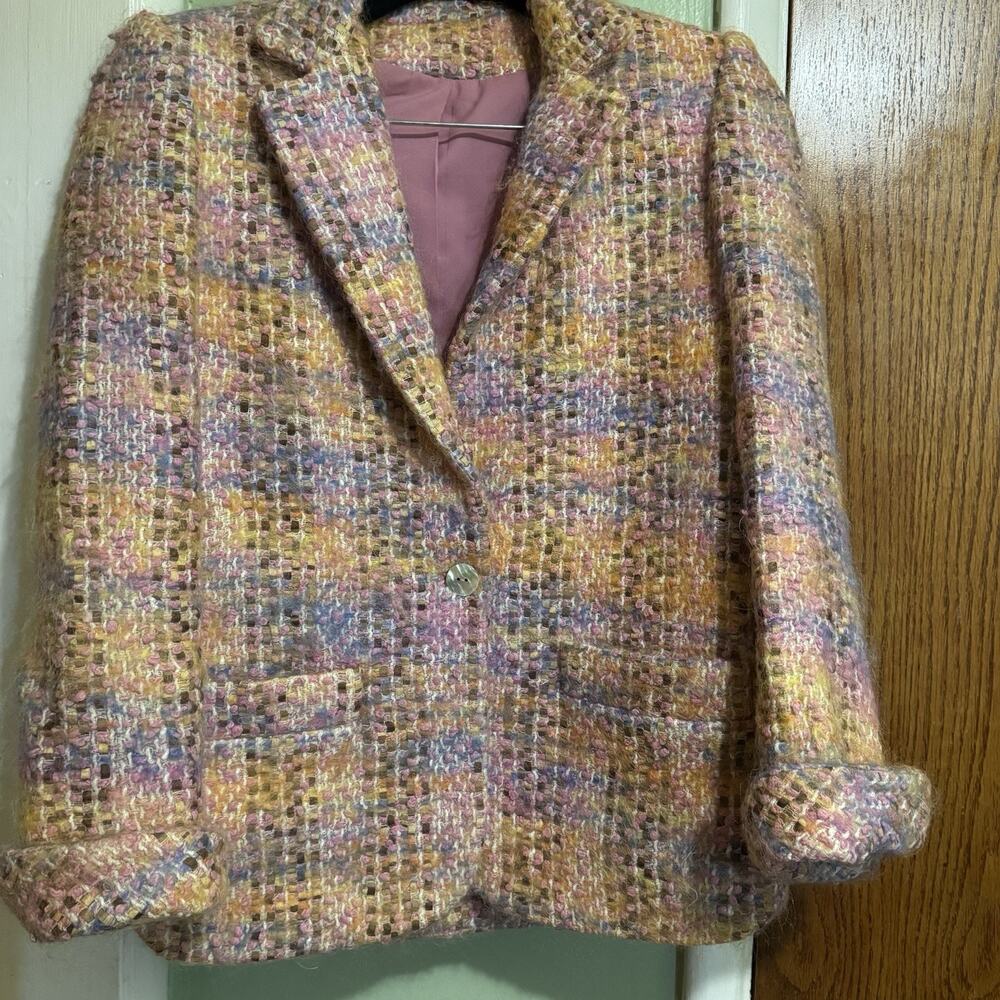 Vintage David Hayes Pink Multi Mohair Wool Blazer Barbie Pink Lining Size 4